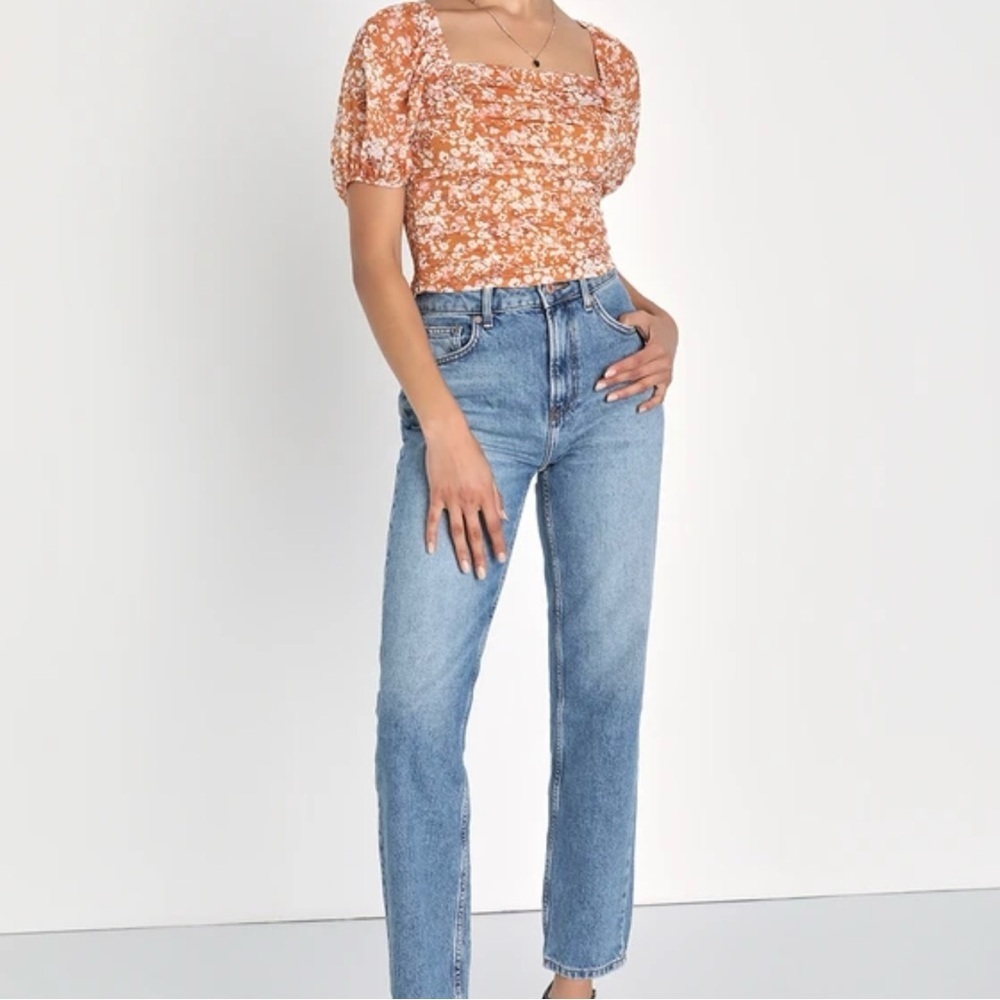 NWT, FLAWED Lulus Sweet Appearance Rust/Orange Floral Ruched Puff Sleeve Top, XL